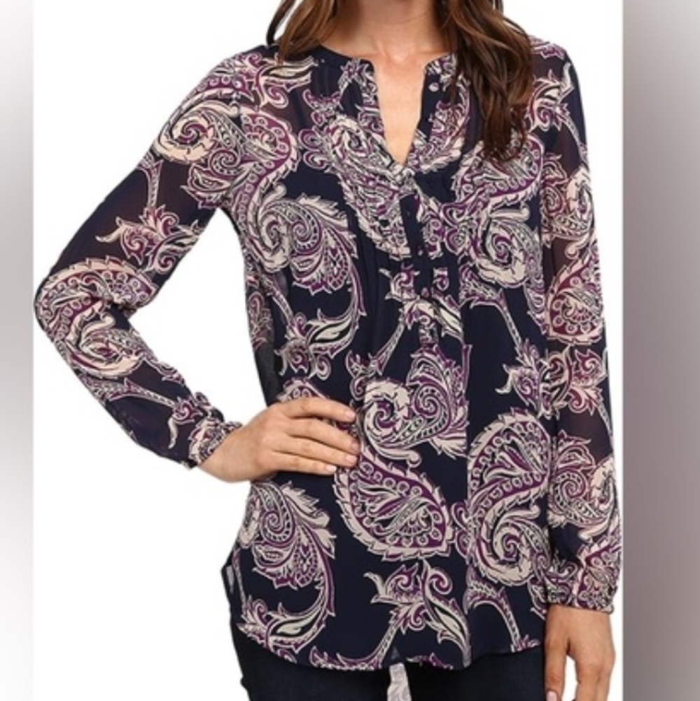 Lucky Brand Purple & Navy Paisley Sheer Button-Front Long Sleeve Top, Size L